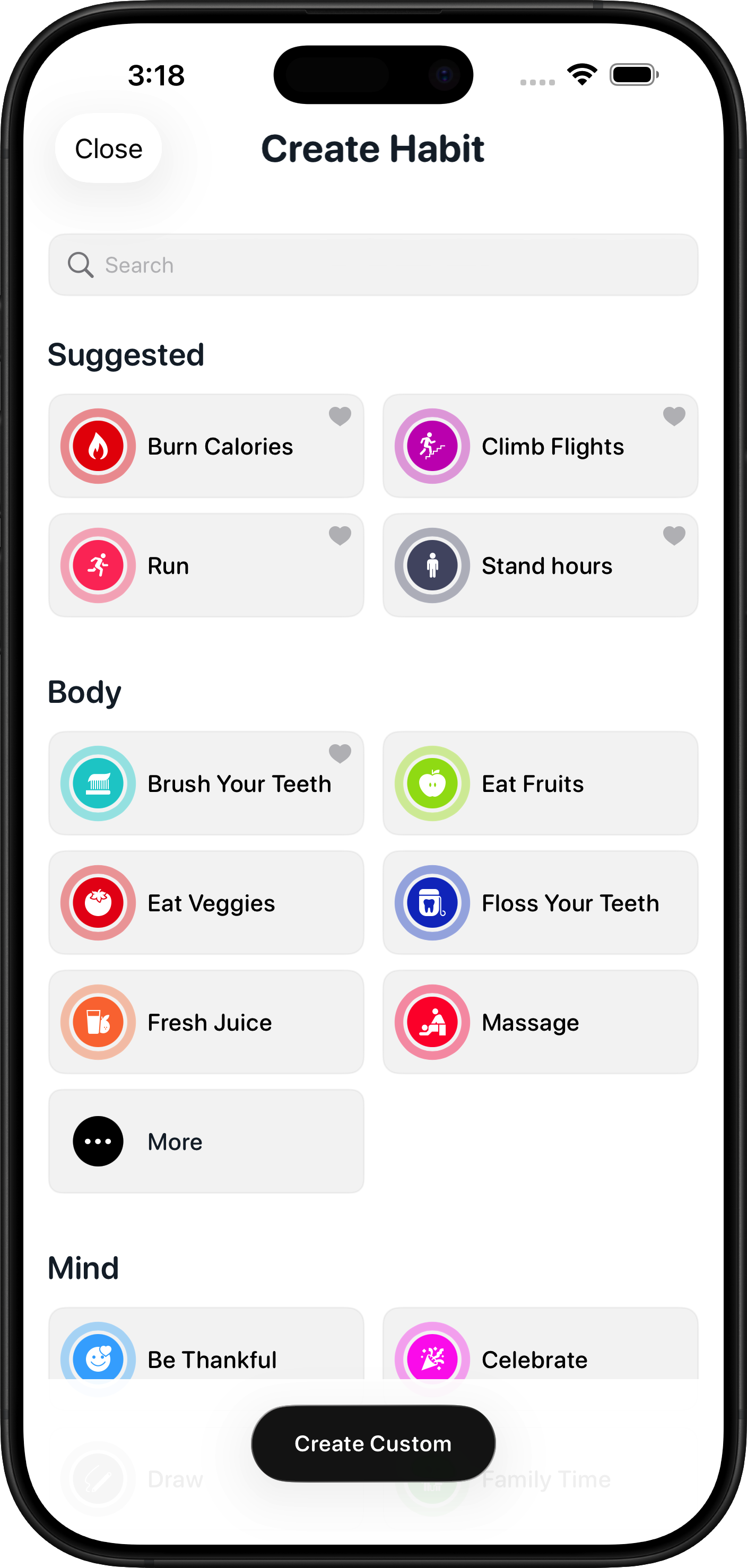 HabitView create habit screen with suggested habits